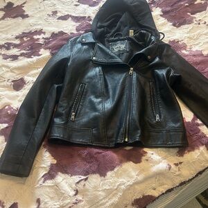 Levi Black Hooded Leather Jacket